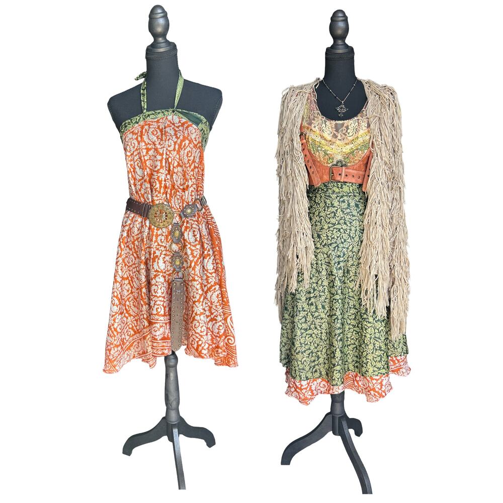 silk reversible wrap skirt green and orange filigree